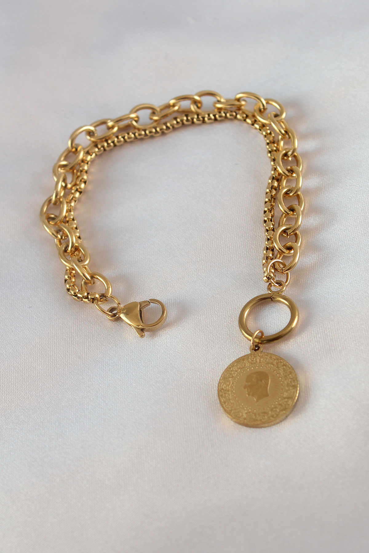 316L Çelik Gold Renk 2’li Zincir Model Çeyrek Altınlı Kadın Bileklik