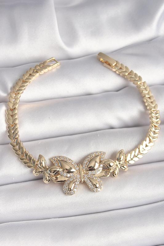 Pirinç Gold Renk Zirkon Taşlı Kelebek Model Kadın Bileklik