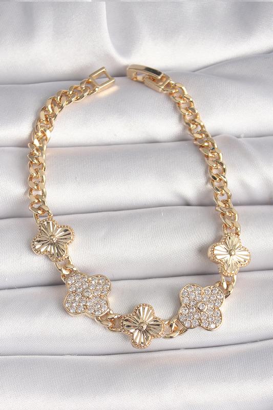 Pirinç Gold Renk Zirkon Taşlı Yonca Model Kadın Bileklik