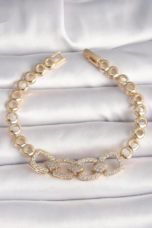 Pirinç Gold Renk Zirkon Taşlı Daire Zincir Model Kadın Bileklik