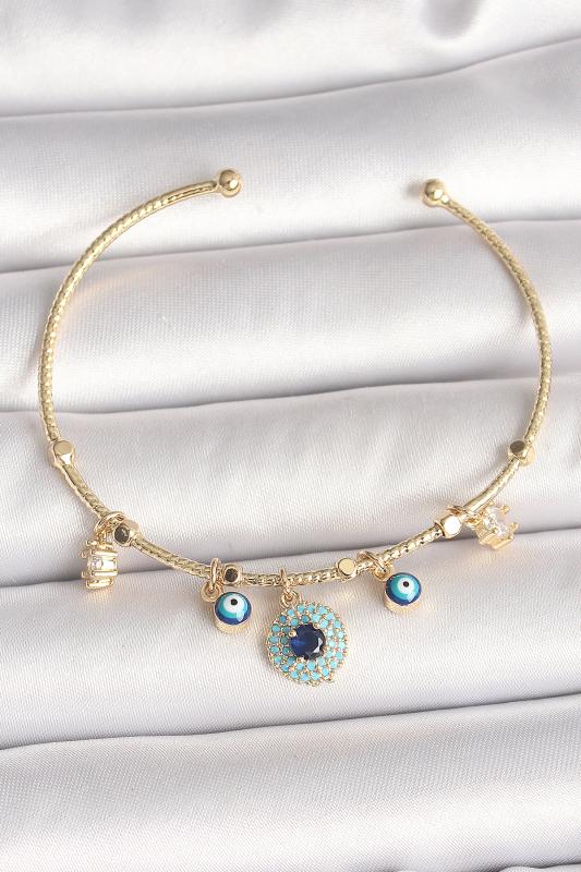 Pirinç Gold Renk Zirkon Taşlı Nazar Boncuk Detay Charm Kadın Bileklik