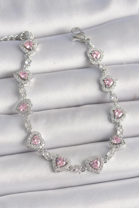 Pirinç Gümüş Renk Zirkon Taşlı Pembe Kalp Model VIP Seri Kadın Bileklik