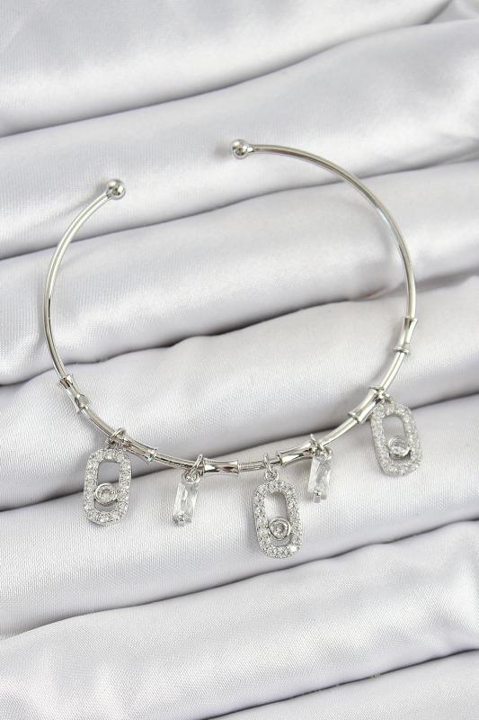 Pirinç Zirkon Taşlı Dikdörtgen Model Gümüş Renk Charm Bileklik
