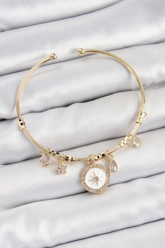 Pirinç Zirkon Taşlı Pusula Model Gold Renk Charm Bileklik
