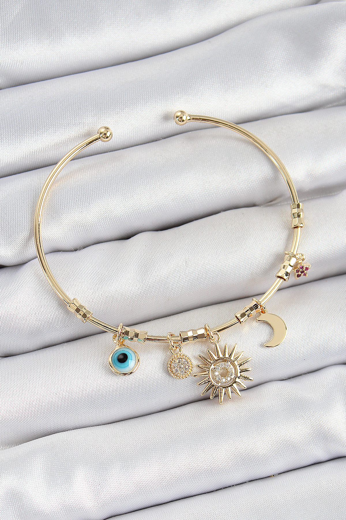 Pirinç Zirkon Taşlı Güneş Ay Nazar Model Gold Renk Charm Bileklik