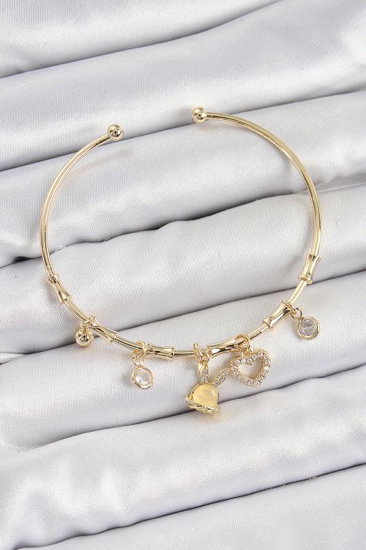 Pirinç Zirkon Taşlı Tavşan Ve Kalp Model Gold Renk Charm Bileklik