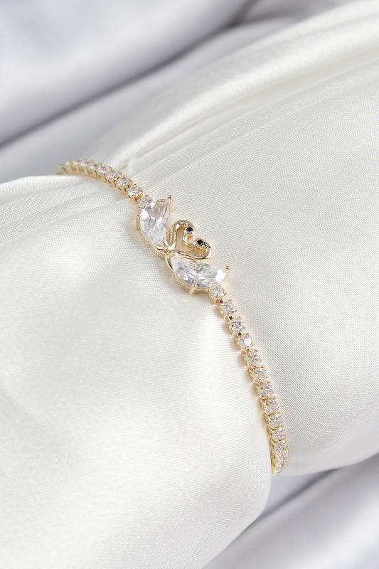 Pirinç Zirkon Taşlı Kuğu Model Gold Renk Asansörlü Kadın Bileklik