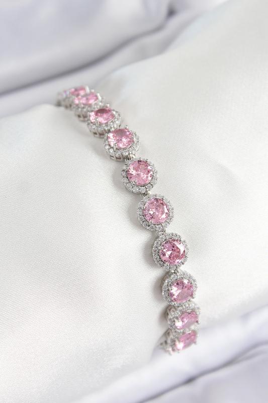 Pirinç Pembe Zirkon Taşlı Daire Baget Model Gümüş Renk VIP Seri Kadın Bileklik