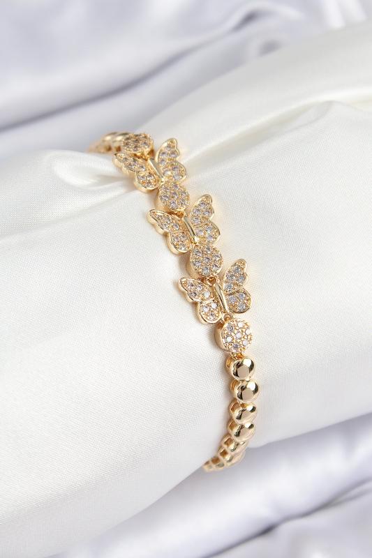 Pirinç Zirkon Taşlı Kelebek Model Gold Renk Kadın Bileklik