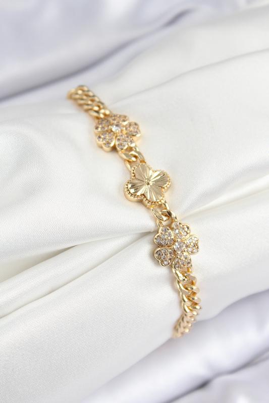Pirinç Zirkon Taşlı Yonca Model Gold Renk Kadın Bileklik