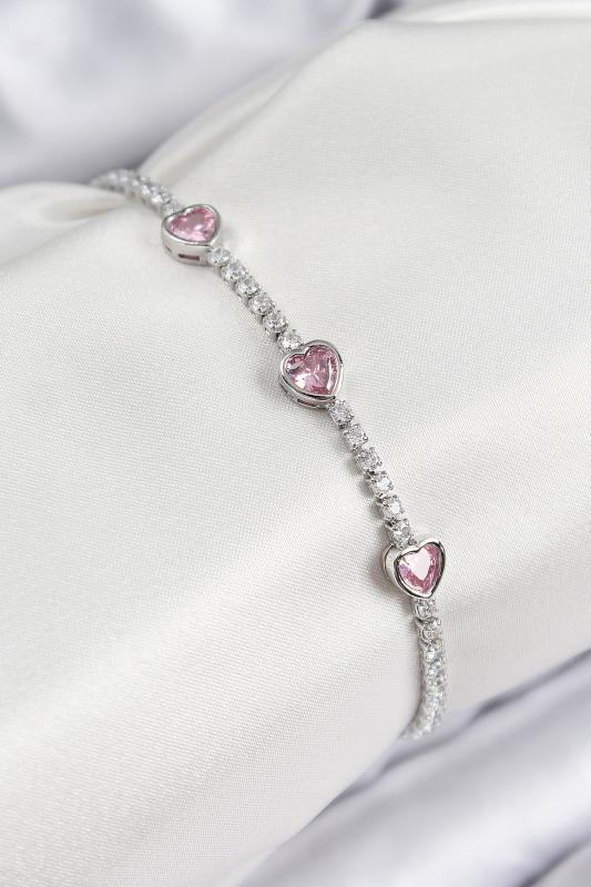 Pirinç Zirkon Taşlı Pembe Kalp Model Gümüş Renk Kadın Bileklik