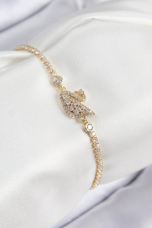 Pirinç Zirkon Taşlı Kuğu Model Gold Renk Kadın Bileklik