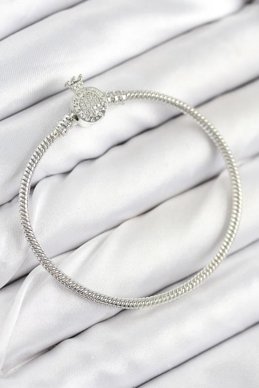 Pirinç Charm Zirkon Taşlı Taç Model Gümüş Renk Kadın Bileklik