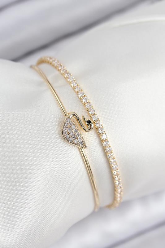 Pirinç Zirkon Taşlı Kuğu Model Gold Renk Kadın Bileklik