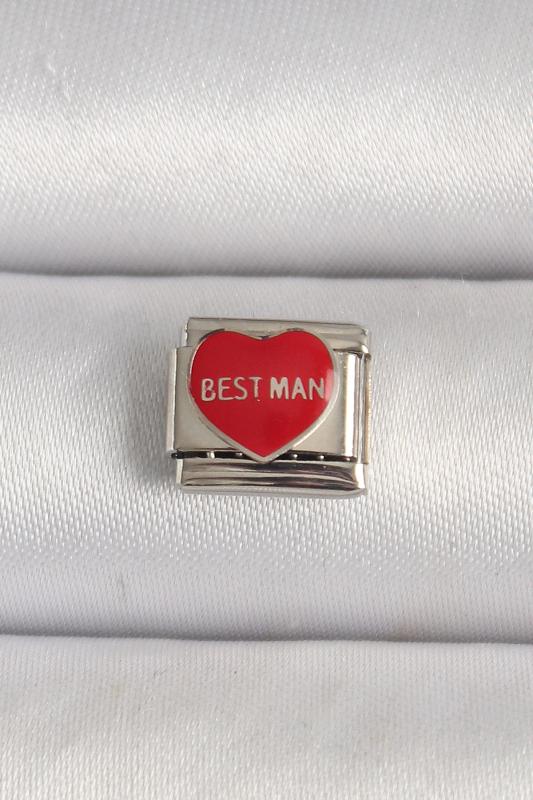 316L Çelik Gümüş Renk ’Best Man’ Yazılı Kırmızı Kalp İşlemeli Nomination Charm
