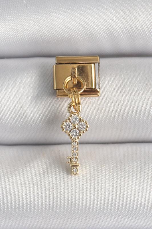 316L Çelik Gold Renk Sallantı Zirkon Taşlı Anahtar Model Nomination Charm