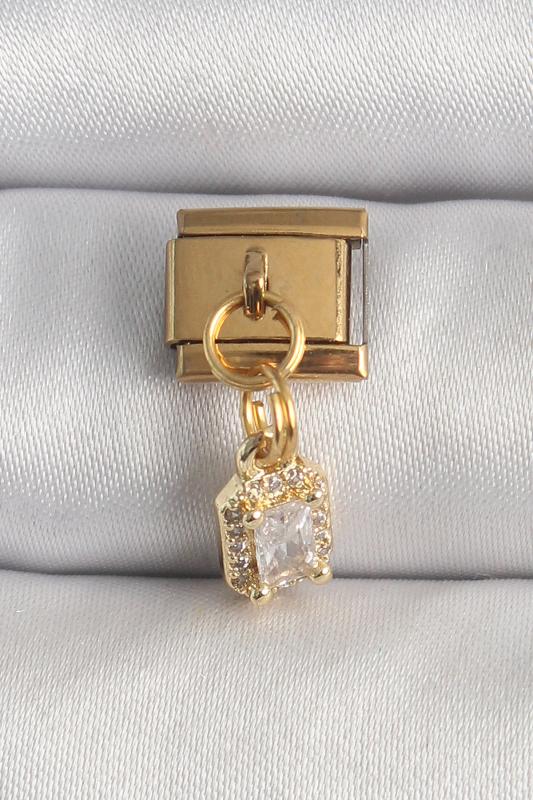 316L Çelik Gold Renk Sallantı Zirkon Taşlı Kare Model Nomination Charm