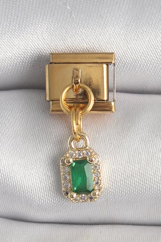 316L Çelik Gold Renk Sallantı Kare Yeşil Zirkon Taşlı Nomination Charm