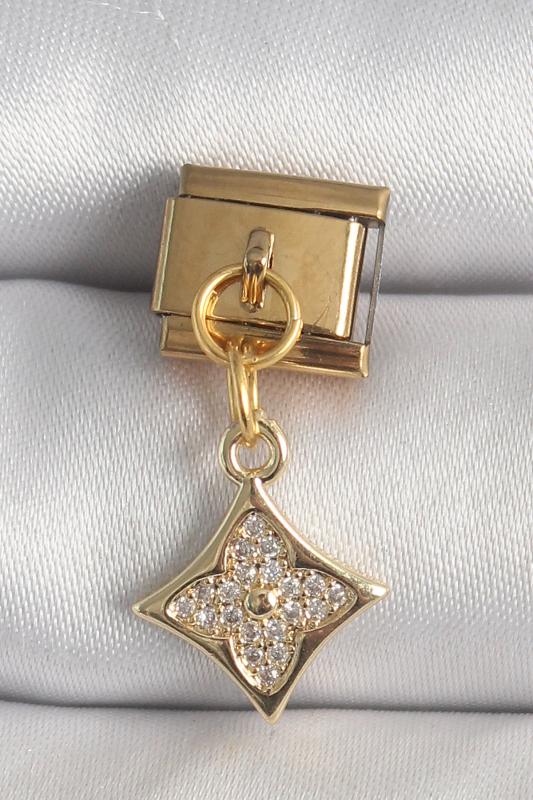 316L Çelik Gold Renk Sallantı Zirkon Taşlı Çiçek İşlemeli Nomination Charm