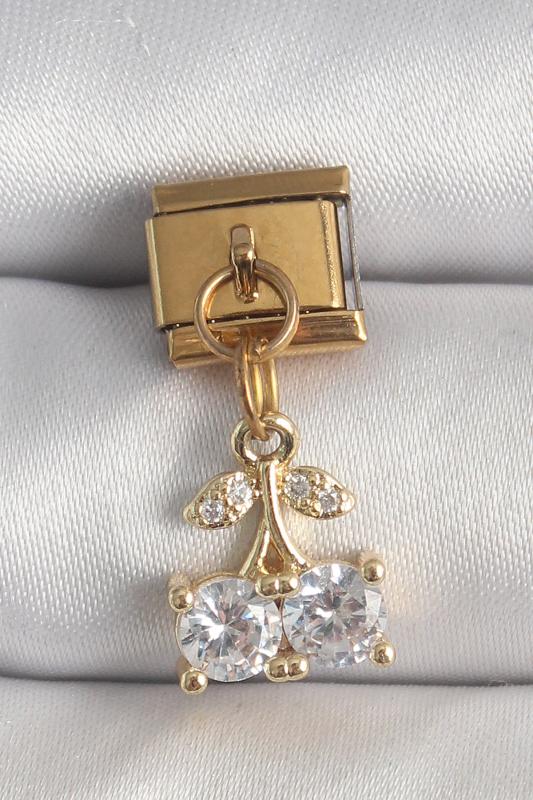 316L Çelik Gold Renk Sallantı Zirkon Taşlı Kiraz Model Nomination Charm