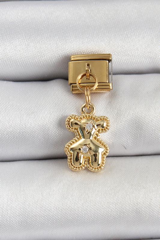 316L Çelik Sallantılı Zirkon Taşlı Ayıcık Model Gold Renk Nomination Charm