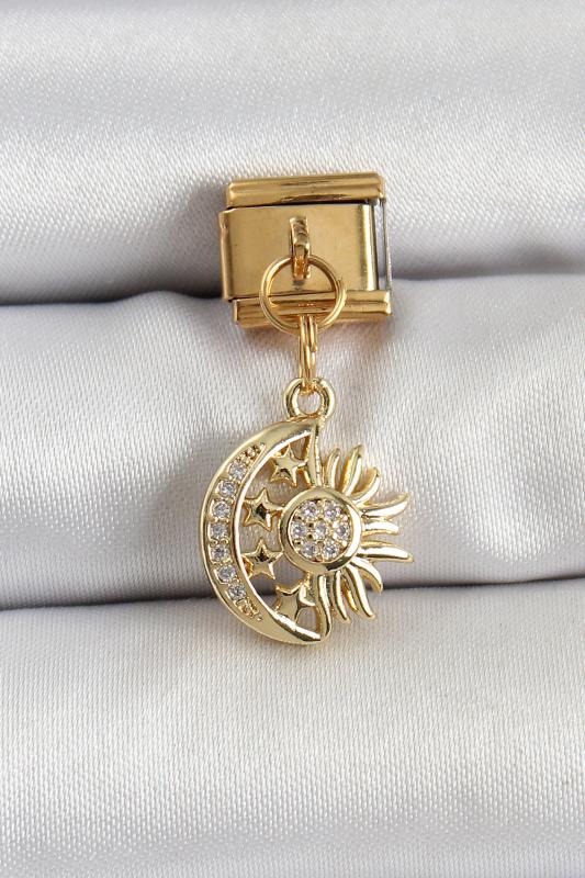 316L Çelik Sallantılı Zirkon Taşlı Ay Ve Güneş Model Gold Renk Nomination Charm