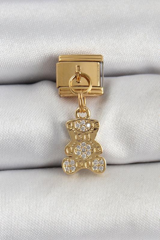 316L Çelik Sallantılı Zirkon Taşlı Ayıcık Model Gold Renk Nomination Charm