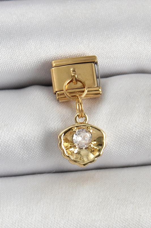316L Çelik Sallantılı Zirkon Taşlı İstiridye Model Gold Renk Nomination Charm