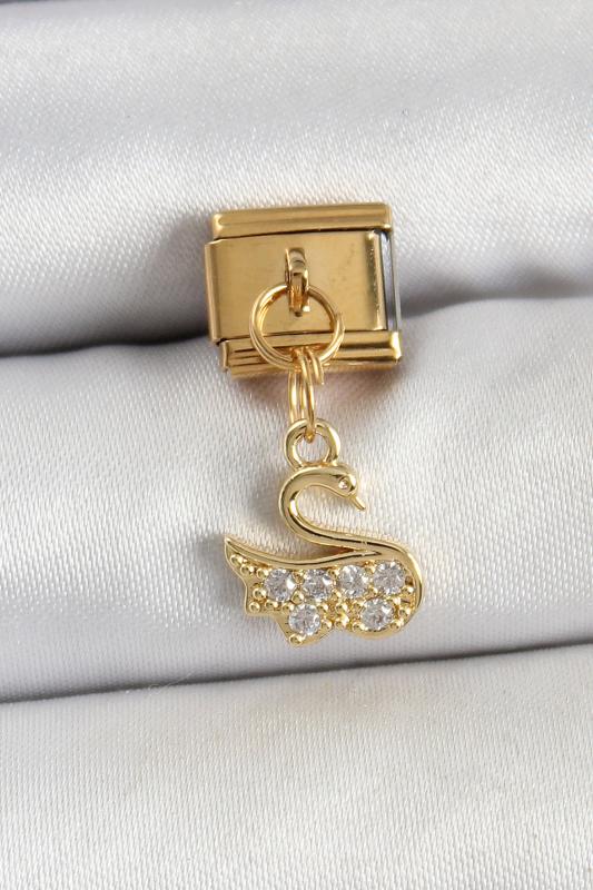 316L Çelik Sallantılı Zirkon Taşlı KuğuModel Gold Renk Nomination Charm
