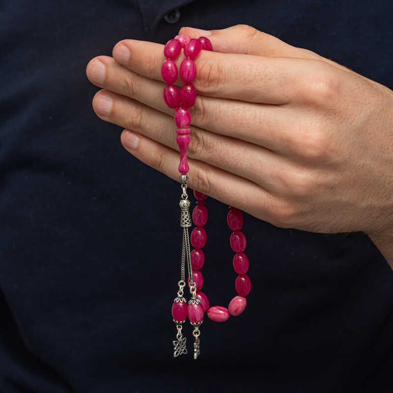 Gümüş Püsküllü Pembe Sıkma Kehribar Tesbih