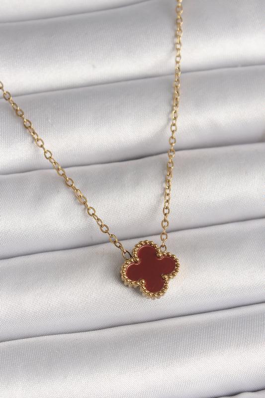 316L Çelik Gold Renk Bordo Yonca Model Kadın Kolye