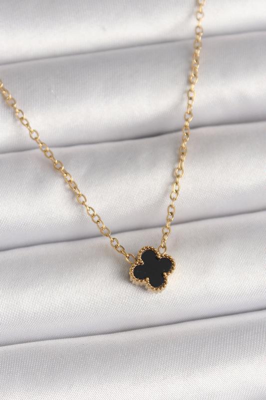 316L Çelik Gold Renk Siyah Yonca Model Kadın Kolye