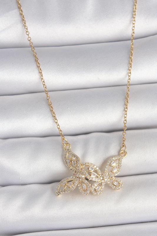 316L Çelik Gold Renk Zincir Zirkon Taşlı Kelebek Model Kadın Kolye