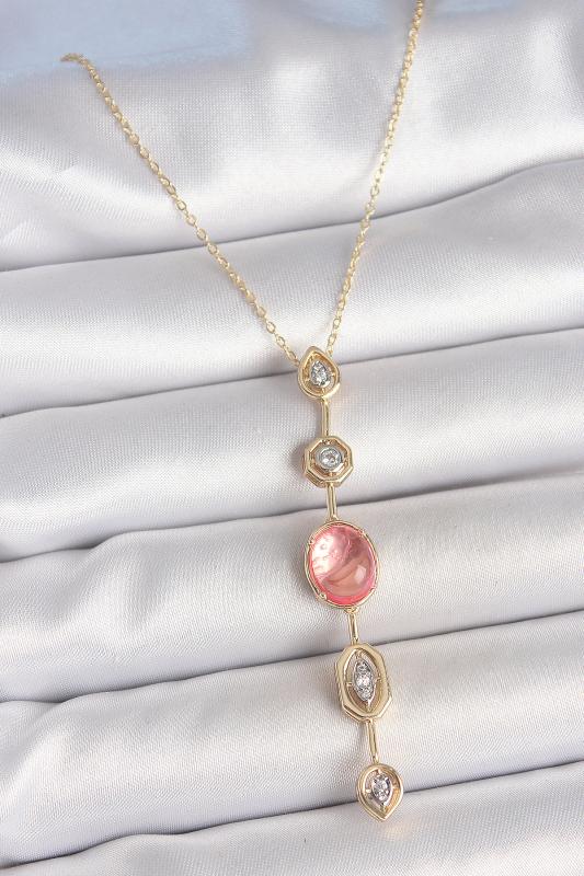 Pirinç Zincir Pembe Gold Renk Zirkon Taşlı Y Kolye
