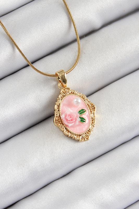 316L Çelik Zincir Pembe Sanatsal Portre İnci Detaylı Gül Figürlü Model Gold Renk Kadın Kolye