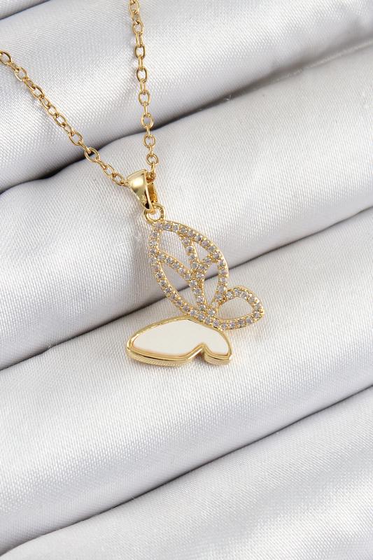 316L Çelik Zirkon Taşlı Kelebek Model Gold Renk Kadın Kolye