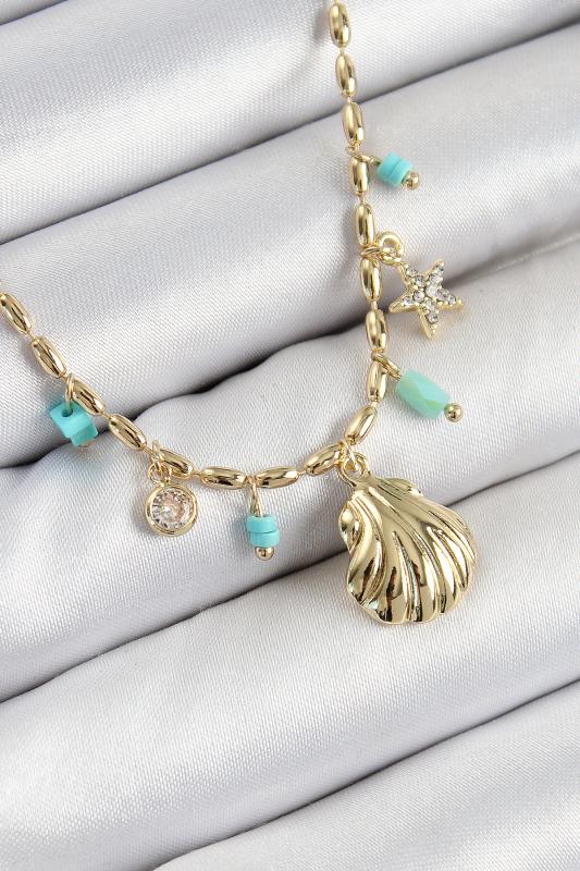 Pirinç Zirkon Taşlı Deniz Kabuğu Model Gold Renk Kadın Kolye