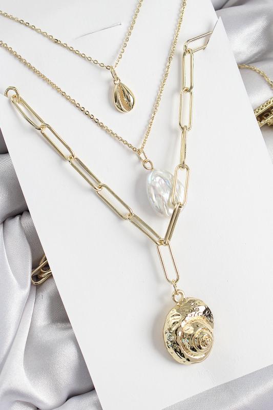 Pirinç Çoklu Zincirli İncili Deniz Kabuğu Model Gold Renk Kadın Kolye