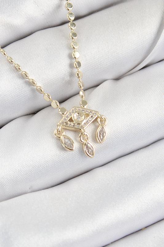 Pirinç Zirkon Taşlı Sallantılı Göz Model Ezme Zincir Gold Renk Kadın Kolye