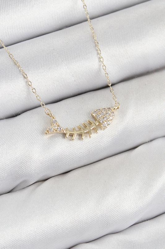 Pirinç Zirkon Taşlı Balık Kılçığı Model Gold Renk Kadın Kolye