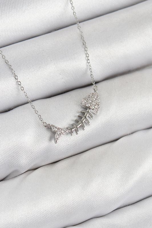 Pirinç Zirkon Taşlı Balık Kılçığı Model Gümüş Renk Kadın Kolye