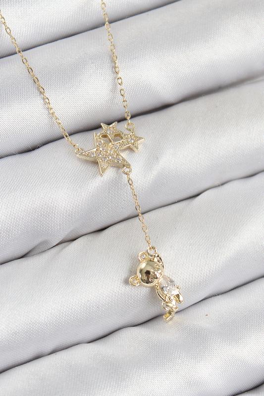 Pirinç Zirkon Taşlı Sallantılı Ayıcıklı Yıldız Model Gold Renk Kadın Kolye