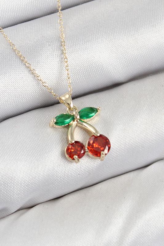 Pirinç Zirkon Taşlı Kiraz Model Gold Renk Kadın Kolye