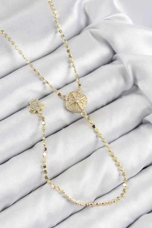 Pirinç Zirkon Taşlı Ezme Zincirli Madalyon Model Gold Renk Y Kolye
