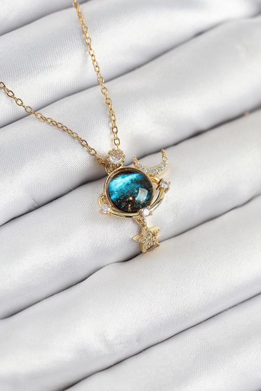 316L Çelik Zirkon Taşlı Gezegen Model Gold Renk Kadın Kolye