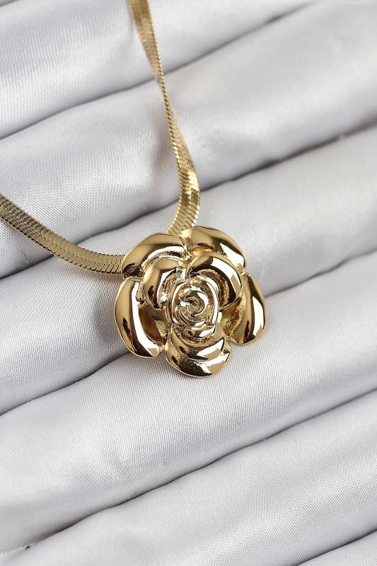 316L Çelik Gül Figürlü İtalyan Zincir Model Gold Renk Kadın Kolye