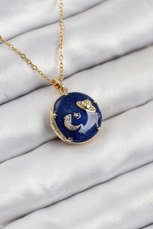 316L Çelik Zirkon Taşlı Açılabilr Kapaklı Gezegen Model Gold Renk Kadın Kolye