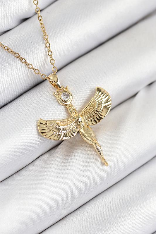316L Çelik Zirkon Taşlı Melek Model Gold Renk Kadın Kolye