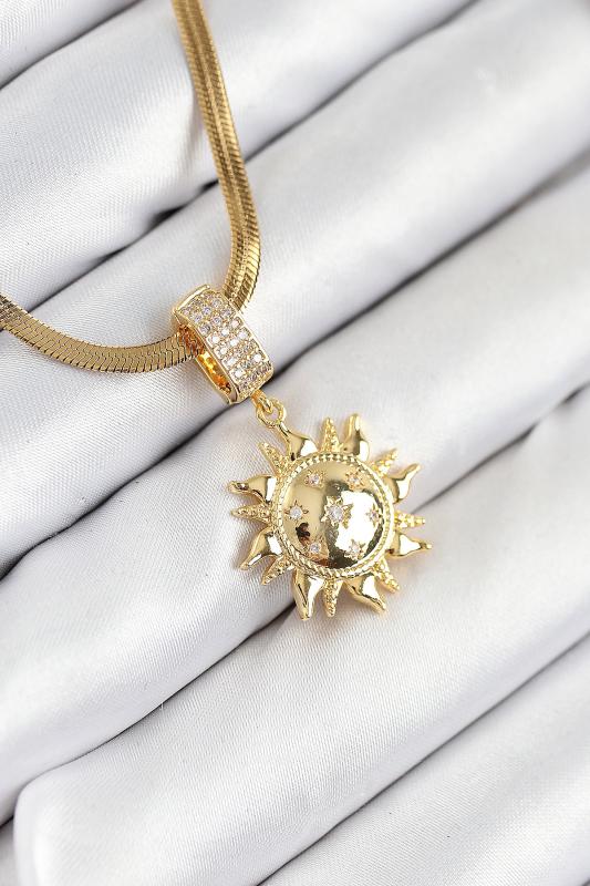 316L Çelik Zirkon Taşlı Güneş Model Gold Renk Kadın Kolye