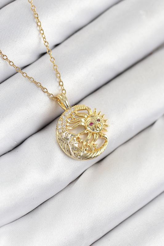 316L Çelik Zirkon Taşlı Ay Ve Güneş Model Gold Renk Kadın Kolye